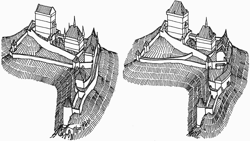 vlevo stav 14. století, vpravo současný stav.gif